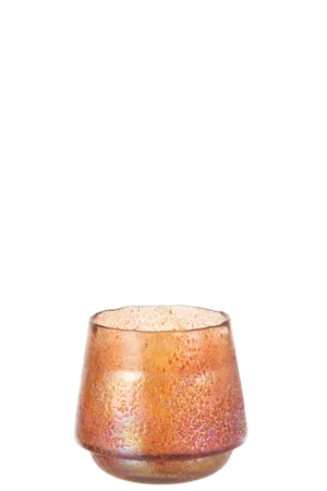 Theelichthouder Stippen Glas Oranje Groot is een korte, brede glazen kandelaar met een gestructureerd oppervlak in oranje en amberkleurige tinten, geïsoleerd afgebeeld op een witte achtergrond.