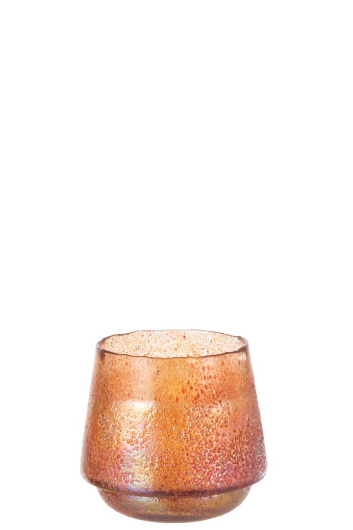 Theelichthouder Stippen Glas Oranje Groot is een korte, brede glazen kandelaar met een gestructureerd oppervlak in oranje en amberkleurige tinten, geïsoleerd afgebeeld op een witte achtergrond.
