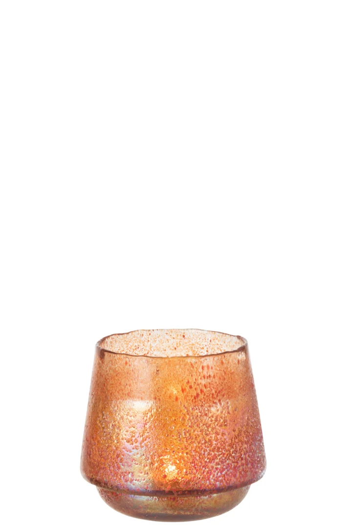 Theelichthouder Stippen Glas Oranje Groot: een korte, brede glazen beker met een oranje en roze gespikkeld textuuroppervlak, tegen een witte achtergrond.