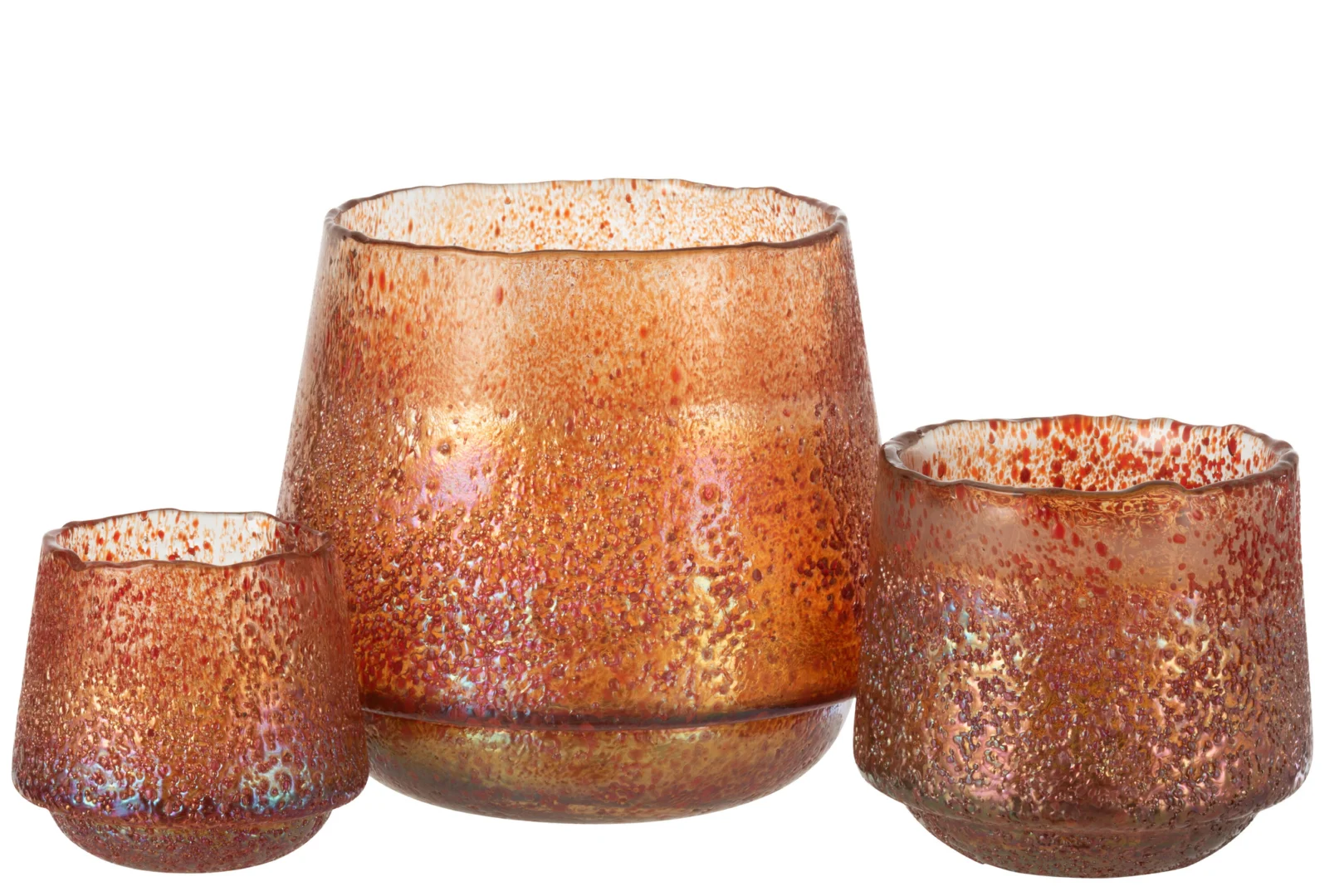 Theelichthouder Stippen Glas Oranje Groot is een grote glazen votiefkandelaar met een oranje gespikkelde metallic afwerking, afgebeeld op een witte achtergrond.