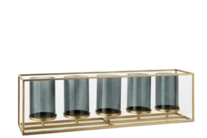 De Kaarsenhouder Orkaan Glas Goud Rechthoek Set 5 heeft een rechthoekig, goudkleurig metalen frame waarin vijf gelijkmatig verdeelde, grijsgetinte, cilindervormige glazen kappen op een rij staan.