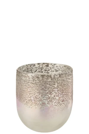 De Kaarsenhouder Orkaan Milano Glas Grijs Roze Groot is een ronde glazen votiefhouder met een matte, metallic zilveren en iriserende afwerking, met een gestructureerd, gespikkeld oppervlak.