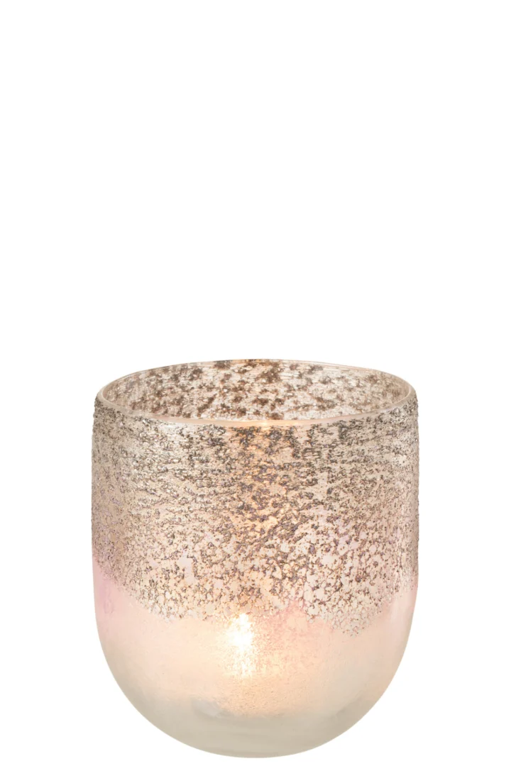De Kaarsenhouder Orkaan Milano Glas Grijs Roze Groot heeft een metallic, gespikkelde gouden en zilveren afwerking die een warme, glinsterende gloed creëert wanneer er een kaars in brandt.