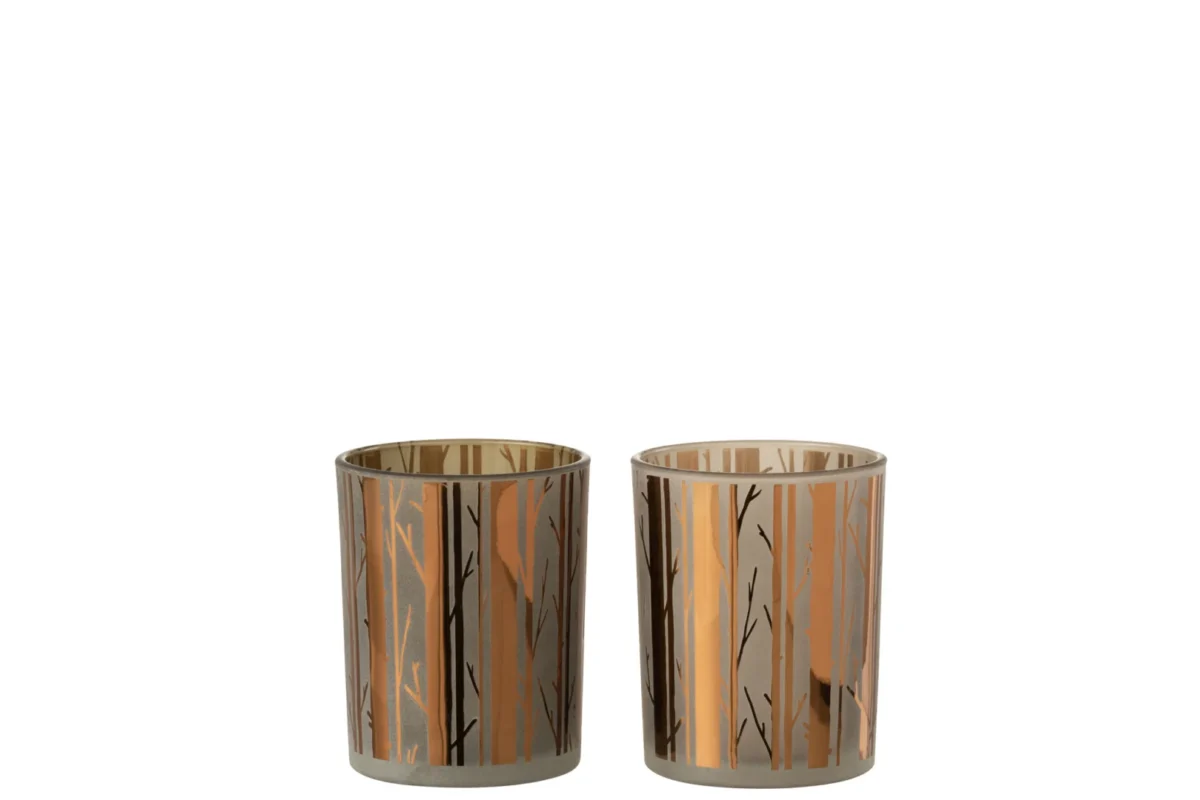 De Kaarsenhouder Orkaan Boom Glas Bruin Medium Set 2 heeft twee glazen kandelaars met een gouden en bruin metallic boomtakontwerp, naast elkaar op een effen witte achtergrond.