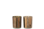 De Kaarsenhouder Orkaan Boom Glas Bruin Medium Set 2 heeft twee glazen kandelaars met een gouden en bruin metallic boomtakontwerp, naast elkaar op een effen witte achtergrond.