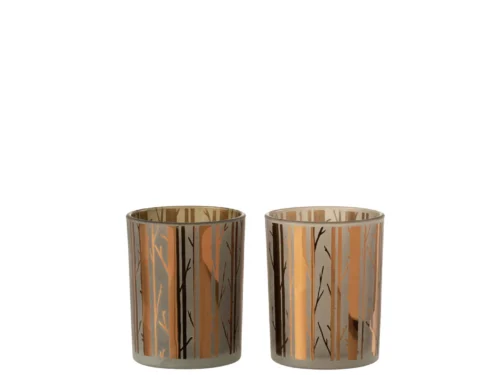 De Kaarsenhouder Orkaan Boom Glas Bruin Medium Set 2 heeft twee glazen kandelaars met een gouden en bruin metallic boomtakontwerp, naast elkaar op een effen witte achtergrond.