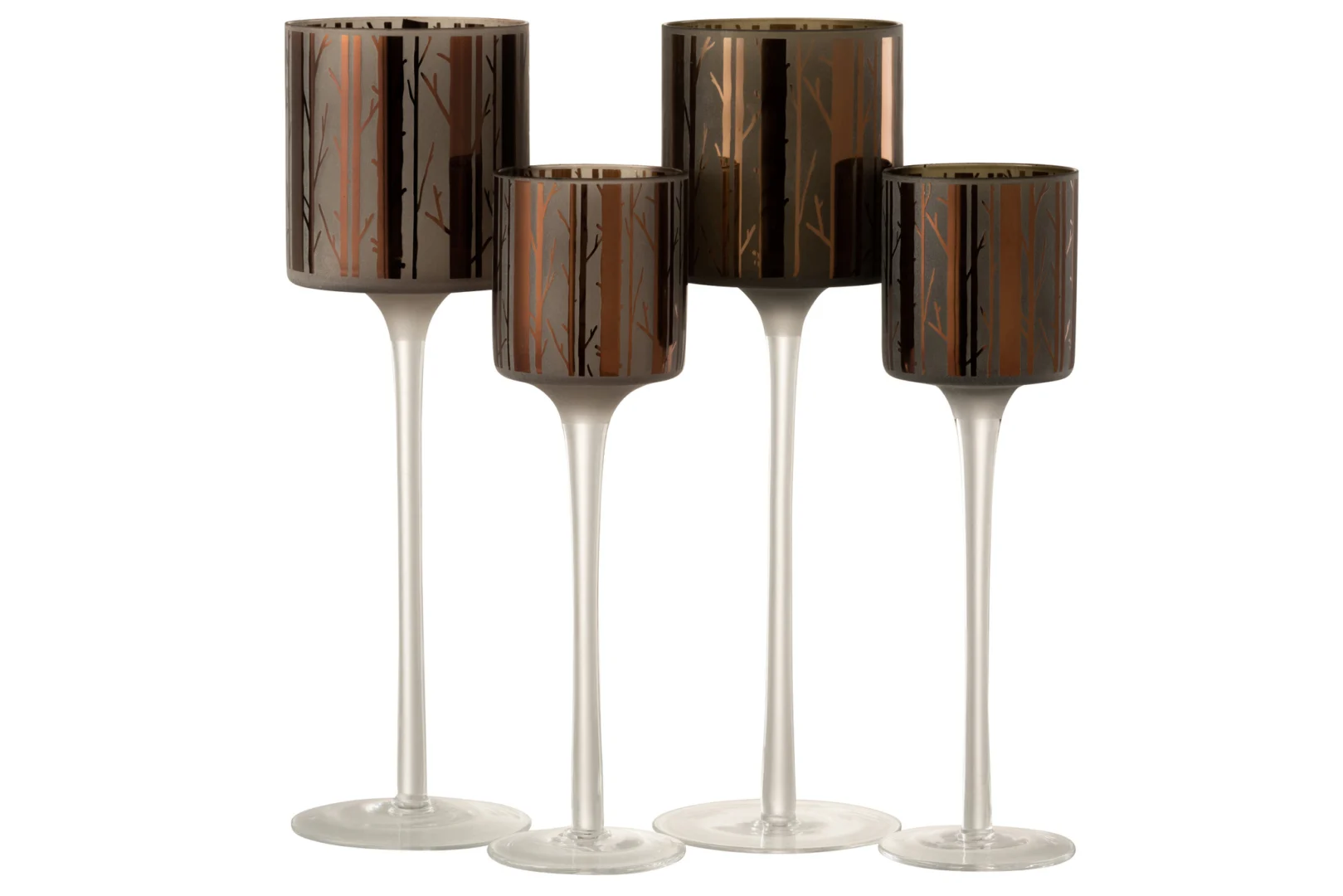 Set van 2 grote glazen kandelaars, Theelichthouder Op Voet Boom Glas Bruin Groot, met bruin getinte bokalen versierd met een boomtakkenpatroon en lange transparante stelen op ronde voet.