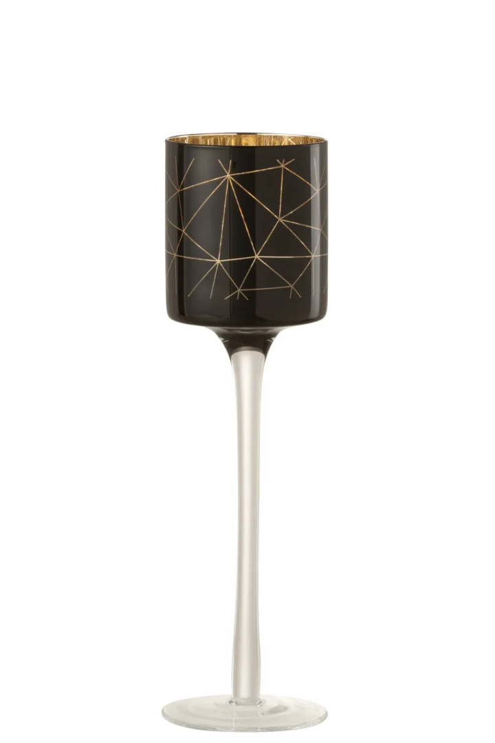 Theelichthouder Op Voet Milano Glas Zwart Goud Klein Set 2: zwart glazen kandelaars met hoge, heldere stelen, gouden geometrische sterpatronen op de schaal en een gouden rand aan de bovenkant. Set van 2.