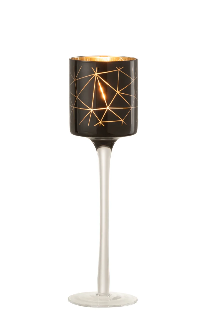 De Theelichthouder Op Voet Milano Glas Zwart Goud Klein Set 2 heeft hoge kandelaars met heldere stelen en zwarte bekers met goudmotief, elk met een brandende kaars.