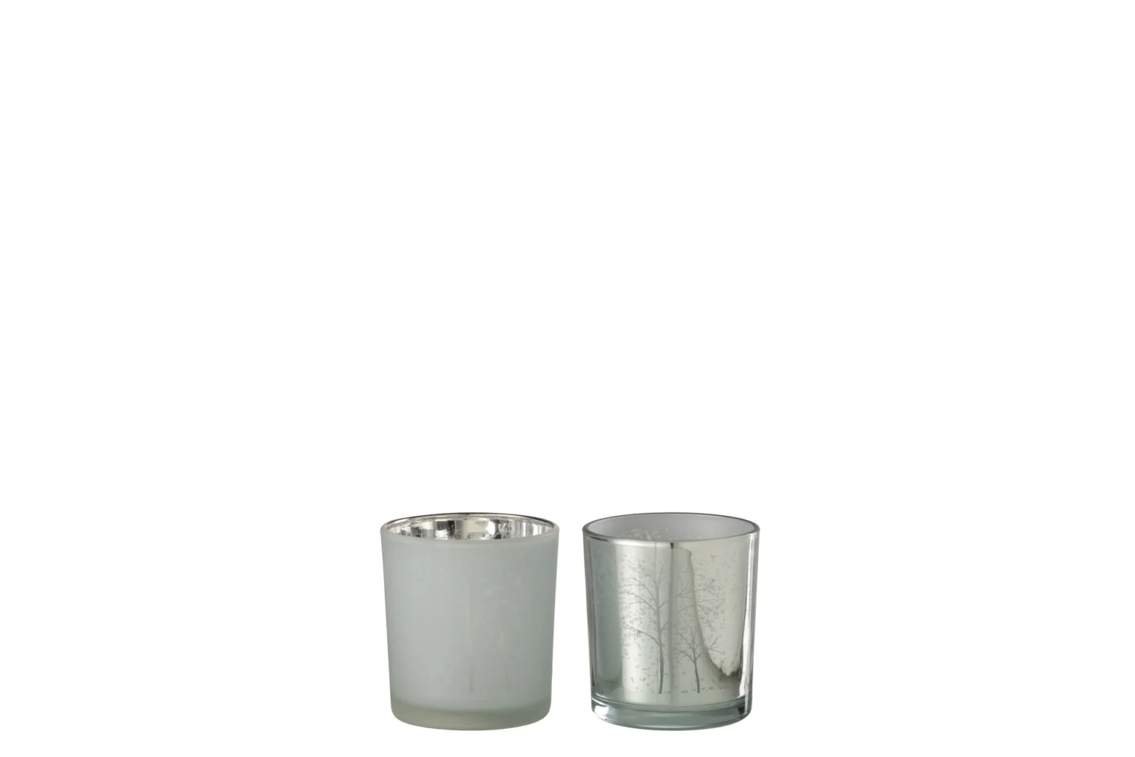 Theelichthouder Boom Glas Wit Zilver Klein Set 2: een kleine houder met mat wit glas en metallic binnenkant, de andere helder met reflecterende zilveren binnenkant en subtiele geëtste motieven, naast elkaar geplaatst.