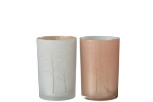 De Kaarsenhouder Orkaan Boom Glas Wit Zalm Groot Set 2 bestaat uit twee cilindrische glazen kandelaars - één mat wit en één roségoud metallic - met een ontwerp van boomtakken, naast elkaar op een effen witte achtergrond.