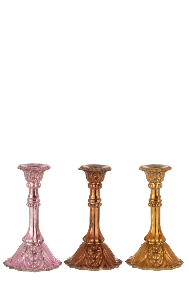 De Kaarsenhouder Oosters Glas Roze Goud Bruin Medium Set 3 bestaat uit drie decoratieve kandelaars in roze, goud en bruin, samen weergegeven tegen een witte achtergrond.