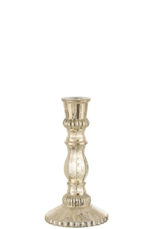 De Kaarsenhouder Oosters Glas Zilver Groot is een zilveren kandelaar in vintage stijl met een gecanneleerde voet en decoratieve details, rechtopstaand tegen een effen witte achtergrond.