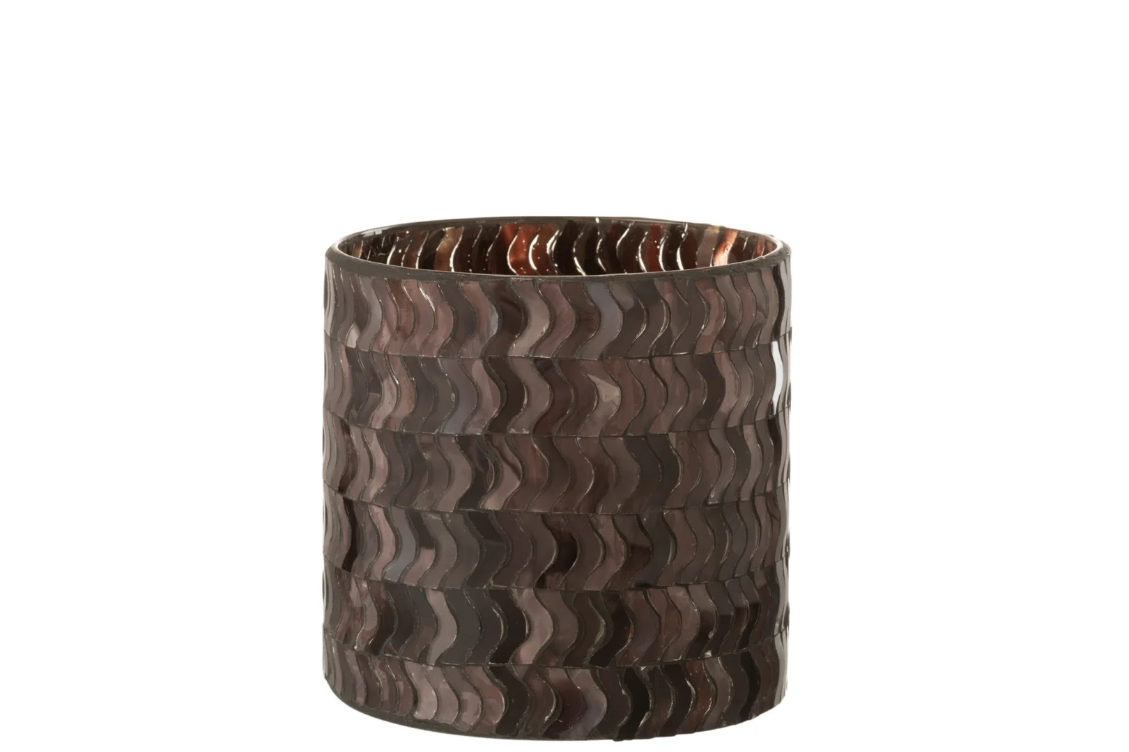 Een donkerroze glazen kaarsenhouder met de naam Kaarsenhouder Orkaan Golf, met een golvend structuurpatroon en een cilindrische vorm, afgebeeld tegen een witte achtergrond.