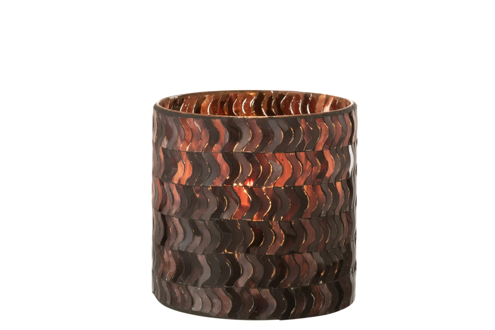 De Kaarsenhouder Orkaan Golf Glas Donkerroze is een cilindervormige kandelaar met een donkerroze golvend patroon, waardoor het licht door het stijlvolle ontwerp schijnt.