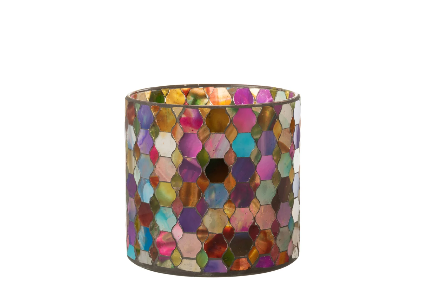 De Kaarsenhouder Hurricane Glas Pub Mix Medium is een cilindervormige kandelaar versierd met veelkleurige zeshoekige glazen stukjes voor een levendig glas-in-lood effect, tegen een effen witte achtergrond.
