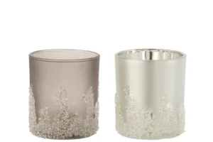 Theelichthouder Suikerglazuur Grijs/Zilver Groot, set van 2: decoratieve glazen houders in frosted grijs en wit/zilver met ijsachtige, kralenaccenten onderaan.