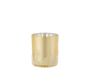 Theelichthouder Suikerglazuur Glas Goud Groot is een goudkleurige cilindrische kandelaar met een metallic afwerking en decoratieve gestructureerde kralen aan de onderkant, tegen een effen witte achtergrond.