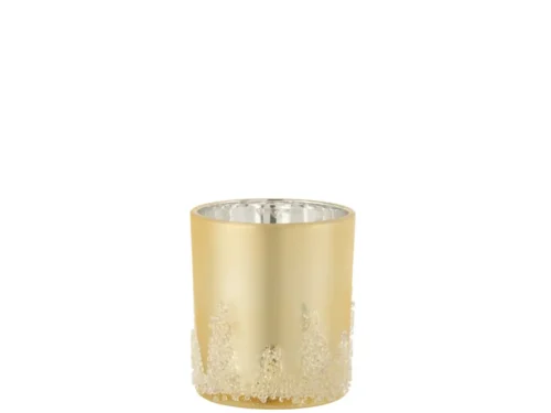 Theelichthouder Suikerglazuur Glas Goud Groot is een goudkleurige cilindrische kandelaar met een metallic afwerking en decoratieve gestructureerde kralen aan de onderkant, tegen een effen witte achtergrond.