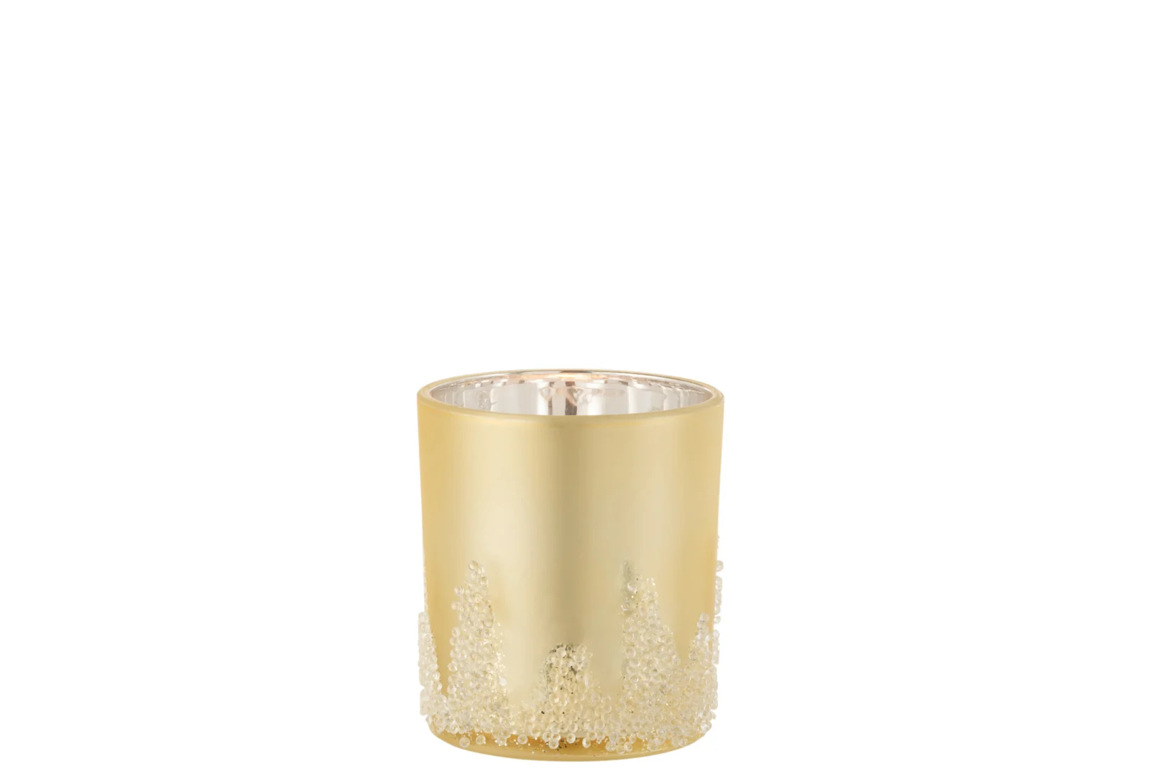 Theelichthouder Suikerglazuur Glas Goud Groot is een goudkleurige kandelaar met een matte textuur en kralenaccenten rond de basis, tegen een effen witte achtergrond.