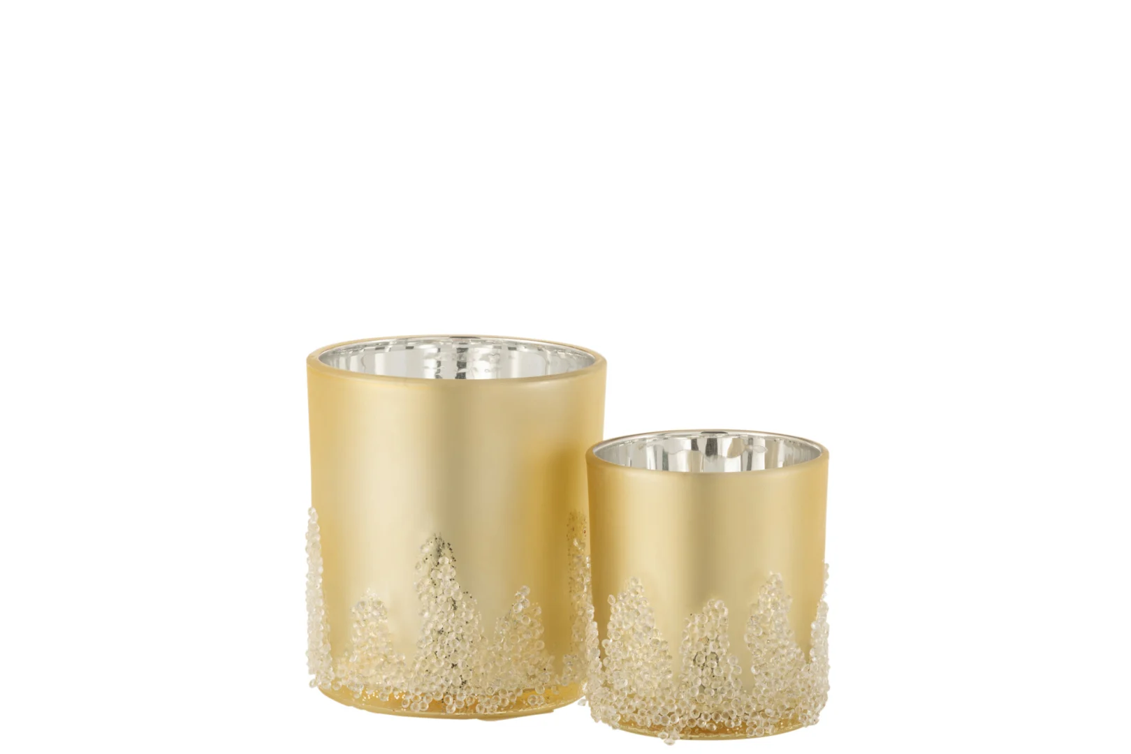 Een "Theelichthouder Suikerglazuur Glas Goud Groot" gouden glazen kandelaar met gestructureerde, matte accenten bij de voet wordt weergegeven tegen een effen witte achtergrond.