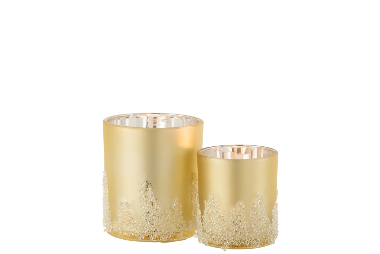 Theelichthouder Suikerglazuur Glas Goud Groot: twee cilindrische kandelaars van goud mat glas met kralenaccenten aan de onderkant, tegen een witte achtergrond. De set bestaat uit een hogere en een kortere houder.