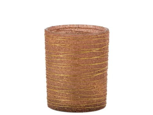 Theelichthouder Lines Glitter Glas Terracotta Goud Groot is een bruine cilindervormige kandelaar versierd met glitter en gouddraad in een willekeurig patroon, weergegeven tegen een witte achtergrond.