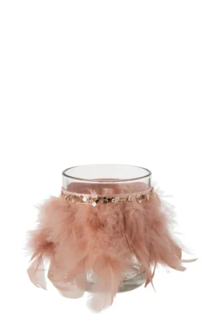Theelichthouder Veren Glas Lichtroze Groot: Een kandelaar van helder glas met lichtroze veren en een gouden paillettenband rond de bovenkant.