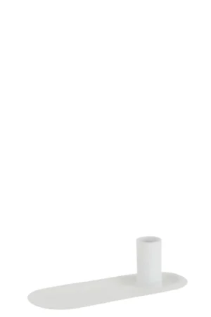 De Kaarsenhouder Dienblad IJzer Wit is een minimalistische witte kandelaar met een ovale basis met een enkele cilindrische houder aan de rechterkant, tegen een effen witte achtergrond.