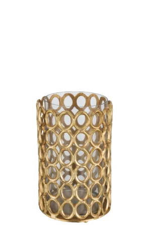 De Theelichthouder Ringen Aluminium Goud Groot heeft een helder glazen beker in een gouden aluminium houder met een open cirkelvormig ontwerp, waardoor een elegante en moderne uitstraling ontstaat.