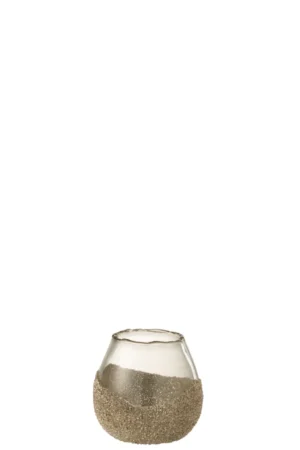 Een kleine, ronde glazen kandelaar genaamd Theelichthouder Halfparels Ronde Glas Goud Klein, met een gouden halfparelontwerp rond de onderste helft.