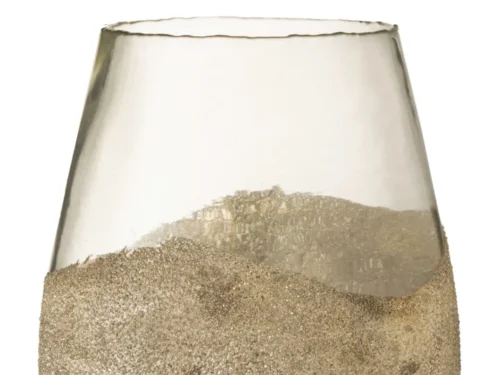 Theelichthouder Halfparels Glas Goud Groot is een kandelaar van helder glas met een gestructureerde goudmetallic coating op de onderste helft, waardoor een moderne en elegante look ontstaat.