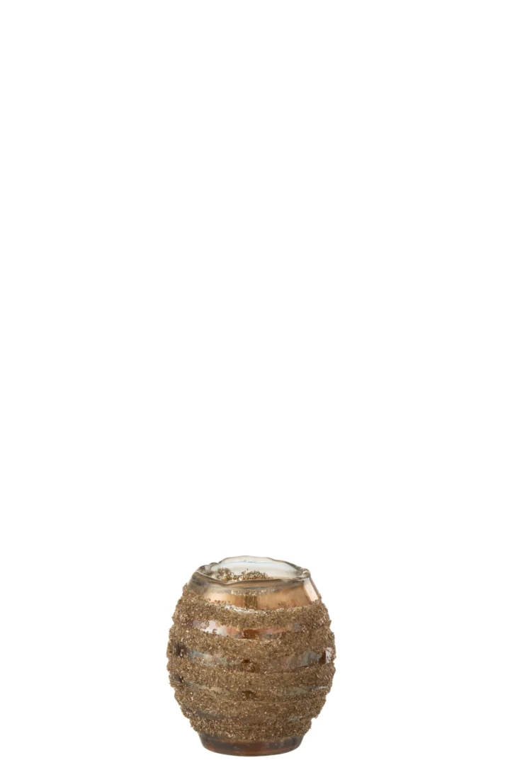Theelichthouder Streep Rond Glas Bruin Klein is een kleine, ronde glazen kandelaar met een bronsbruine kleur en gestructureerde, glinsterende horizontale banden. Hij heeft een smalle opening aan de bovenkant.