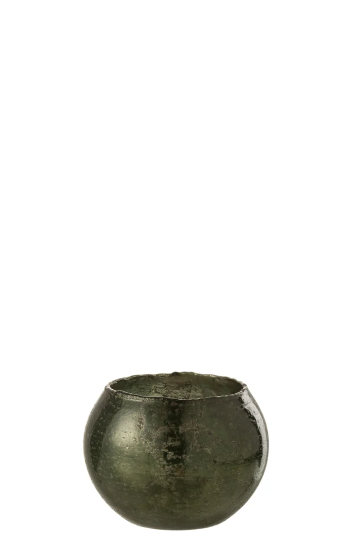 Theelichthouder Glas Groen Klein: een kleine, ronde donkergroene glazen houder met een ruwe, oude textuur en oneffen rand, afgebeeld tegen een effen witte achtergrond.