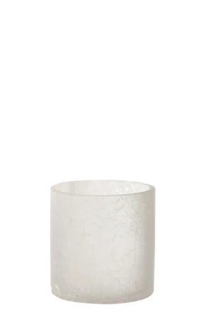 De Orkaan Cilinder Craquelure Glas Mat Wit Middelgroot is een gematteerde, doorschijnende cilindrische glazen kandelaar met een subtiel craquelépatroon tegen een effen witte achtergrond.