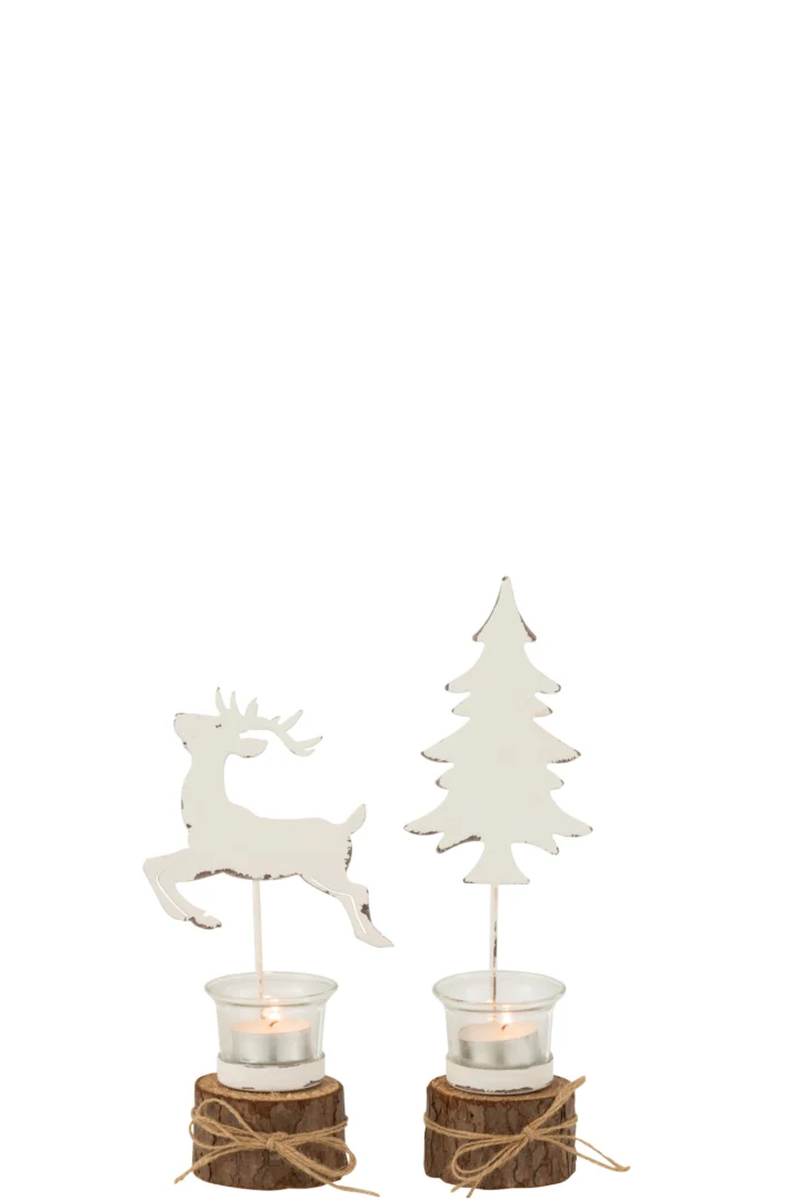 Theelichthouder op boomstam Boom/Rendier: set van twee glazen houders op houten basis, versierd met touw en witte silhouetten-één met een rendier en één met een dennenboom. Kleur: wit/bruin.