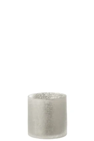 De Kaarsenhouder Orkaan Cilinder Craquelure Glas Grijs Klein is een kleine, doorschijnende matglazen beker met een gestructureerd oppervlak, afgebeeld op een witte achtergrond.