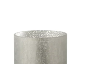 De Kaarsenhouder Orkaan Cilinder Craquelure Glas Grijs Groot heeft gematteerd, doorschijnend glas met een subtiele gespikkelde en gebarsten textuur, tegen een effen witte achtergrond.