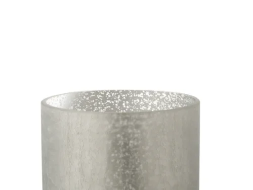 De Kaarsenhouder Orkaan Cilinder Craquelure Glas Grijs Groot heeft gematteerd, doorschijnend glas met een subtiele gespikkelde en gebarsten textuur, tegen een effen witte achtergrond.