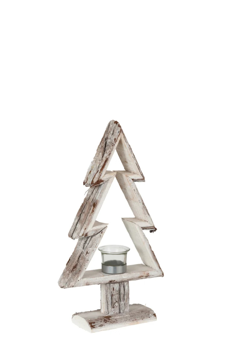 Theelichthouder Kerstboom Hout Bruin Wit Klein: Een kleine, rustieke houten kandelaar in de vorm van een kerstboom met een bruine en witte afwerking, met een glazen votief aan de basis, afgebeeld op een effen witte achtergrond.