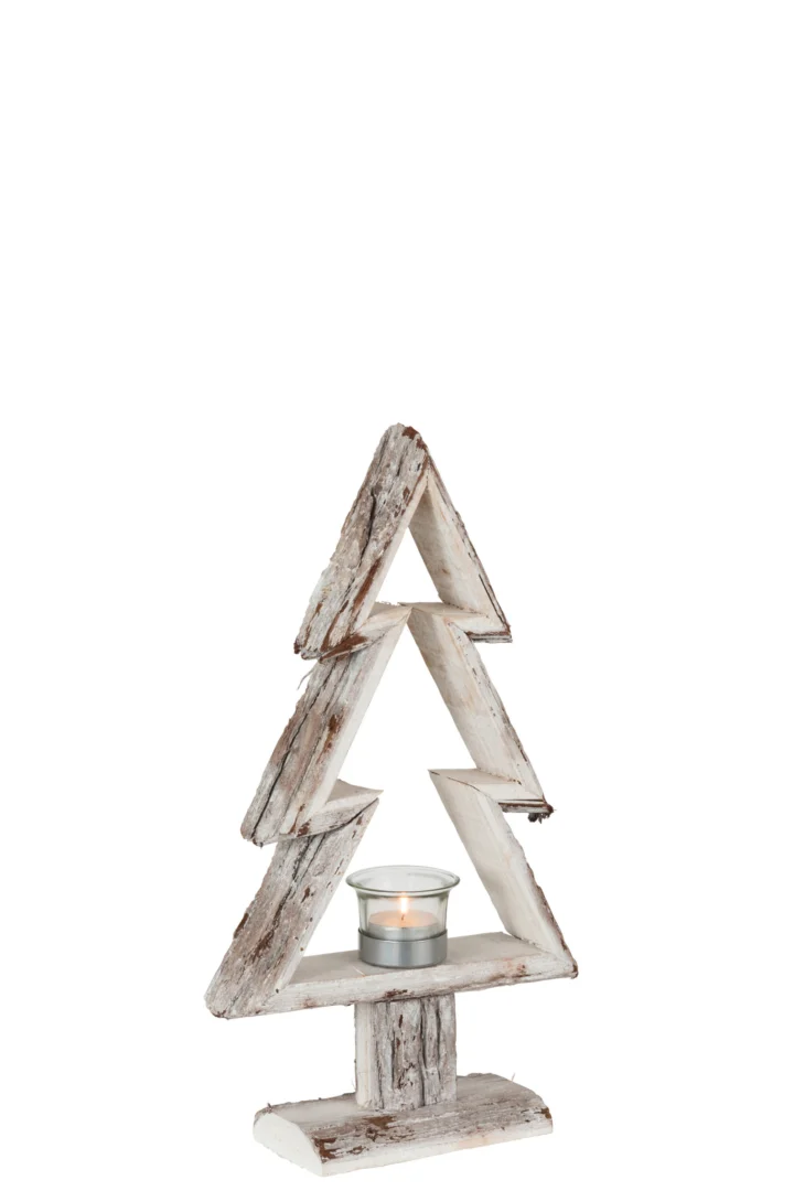 Theelichthouder Kerstboom Hout Bruin Wit Klein: een rustieke, bruin-witte houten kandelaar in de vorm van een kerstboom met een verweerde afwerking en een brandend waxinelichtje in het midden.