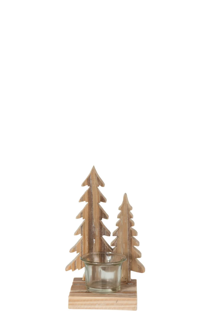 Theelichthouder Bomen Hout Natuurlijk Set 2: Een kleine houten kandelaar met twee gebeeldhouwde dennenbomen en een glazen votief op een vierkante houten voet.
