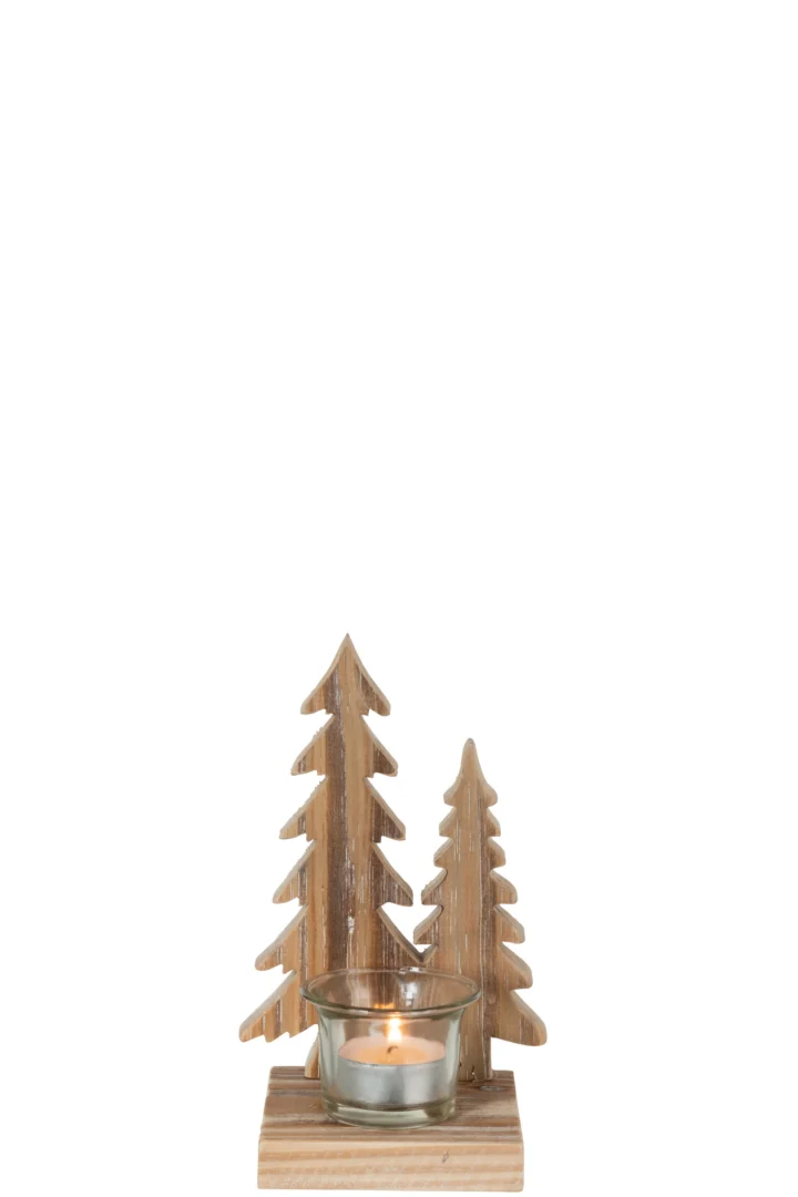 Theelichthouder Bomen Hout Natuurlijk Set 2 heeft een glazen waxinelichthouder en twee decoratieve houten bomen op een houten voet, die een warme, gezellige sfeer creëren wanneer de kaars brandt.