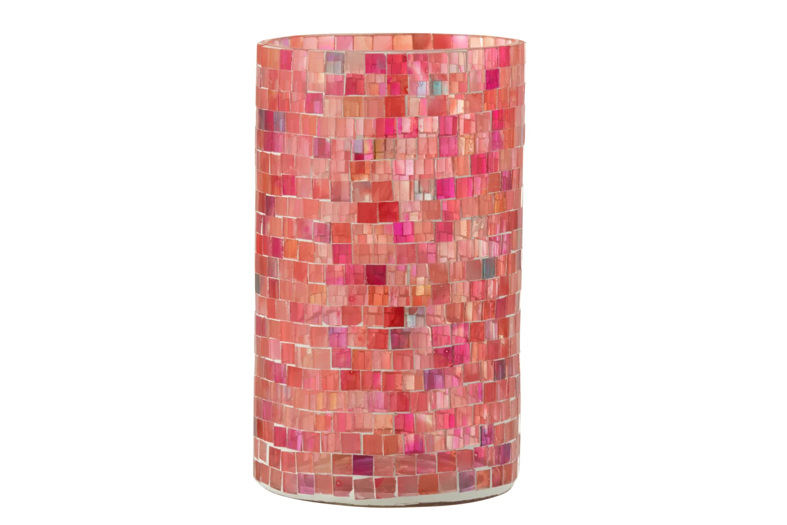 Theelichthouder Cilinder Mozaïek Glas Roze Mix Groot is een cilindervormige houder met kleine, vierkante roze en koraalmozaïeksteentjes in een rasterpatroon.