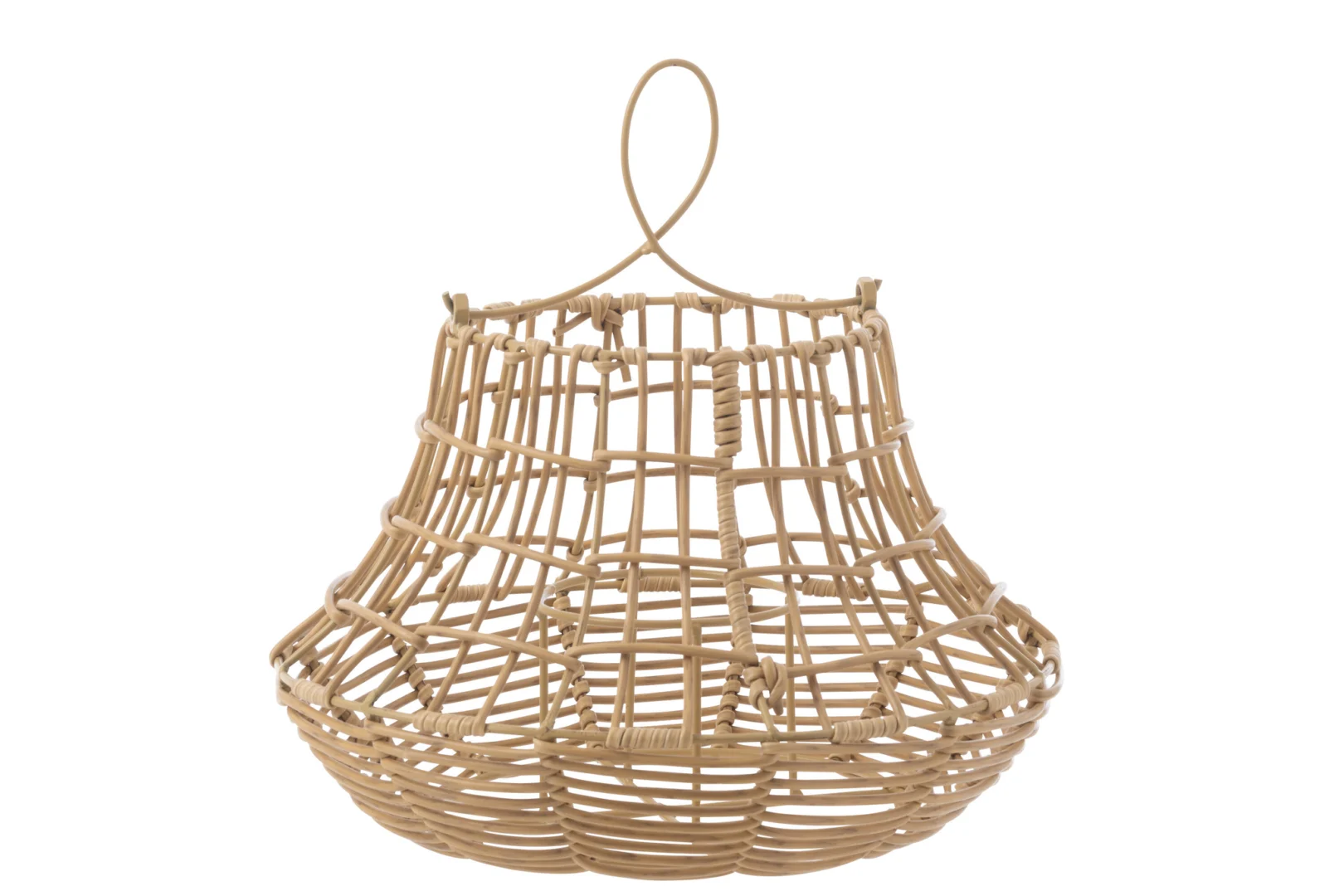De Kaarsenhouder Orkaan Rotan Hangend Hoog is een mand van natuurlijk rotan met een open rasterpatroon, lusvormige handgreep, uitlopende zijkanten en ronde basis, afgebeeld op een witte achtergrond.