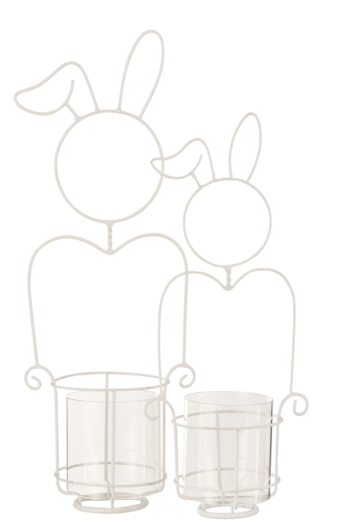 De Kaarsenhouder Konijn Metaal/Glas Wit Groot is een kandelaar in de vorm van een wit konijntje met een ronde glazen houder aan de onderkant, met een eenvoudige omtrek en rechtopstaande oren.