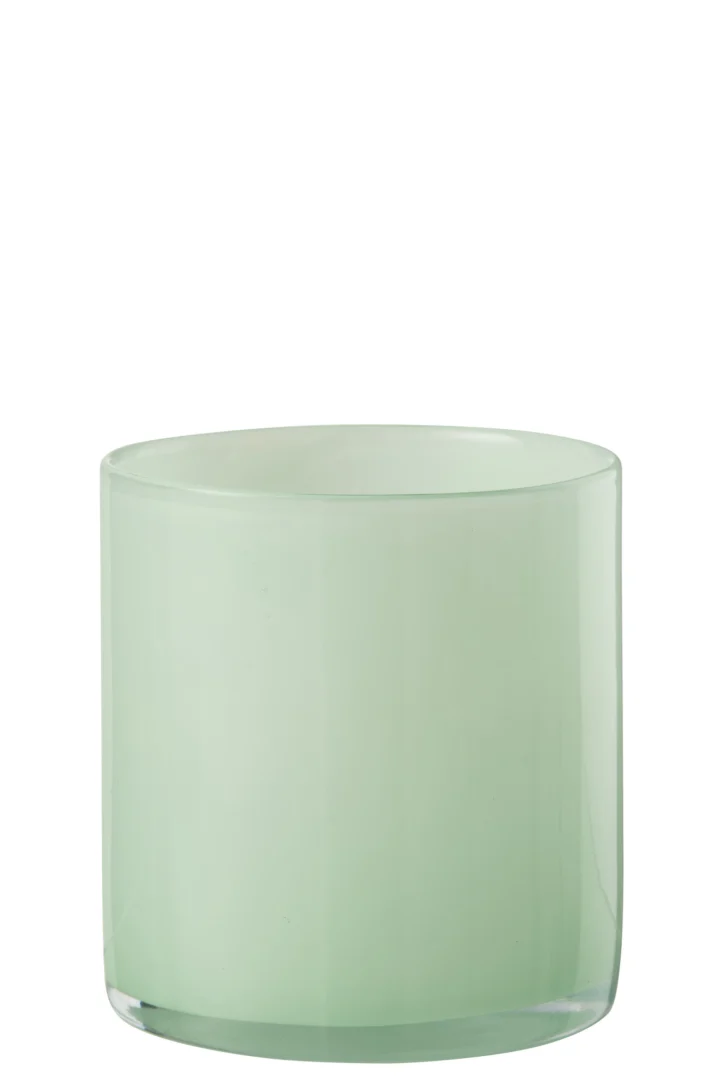 Theelichthouder Jade Glas Lichtgroen Medium is een doorschijnende, lichtgroene, cilindervormige glazen houder met rechte zijkanten en een platte basis, afgebeeld tegen een witte achtergrond.