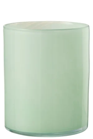 Een grote, lichtgroene glazen kandelaar genaamd Theelichthouder Jade Glas Lichtgroen Groot met een glad, cilindrisch ontwerp en zonder zichtbaar etiket of decoratie.