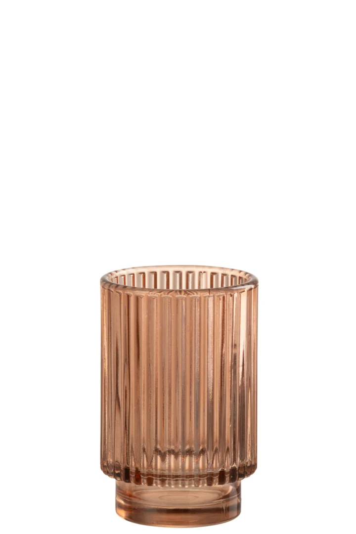 Theelichthouder Gestreept Glas Bruin Groot: een grote, gestreepte glazen votiefhouder in bruin met een transparante amberkleurige tint en verticale geribbelde textuur, weergegeven op een witte achtergrond.