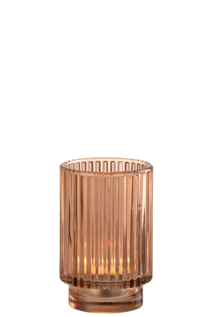 Een grote, gestreepte theelichthouder van bruin glas ("Theelichthouder Gestreept Glas Bruin Groot") met een geribbeld cilindrisch ontwerp, afgebeeld tegen een witte achtergrond.